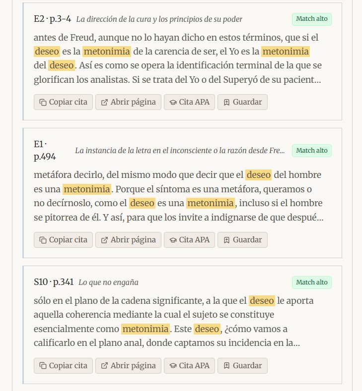 Ateneo — modo CITA: resultados para 'deseo es metonimia' con pasajes completos de Escritos 2, Escritos 1 y Seminario 10